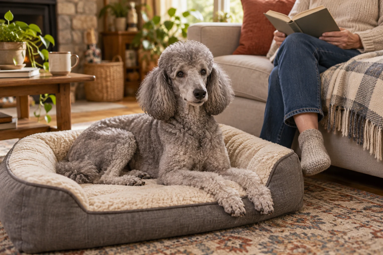 AI illustration of a silver poodle resting on a supportive bed beside a seated person.