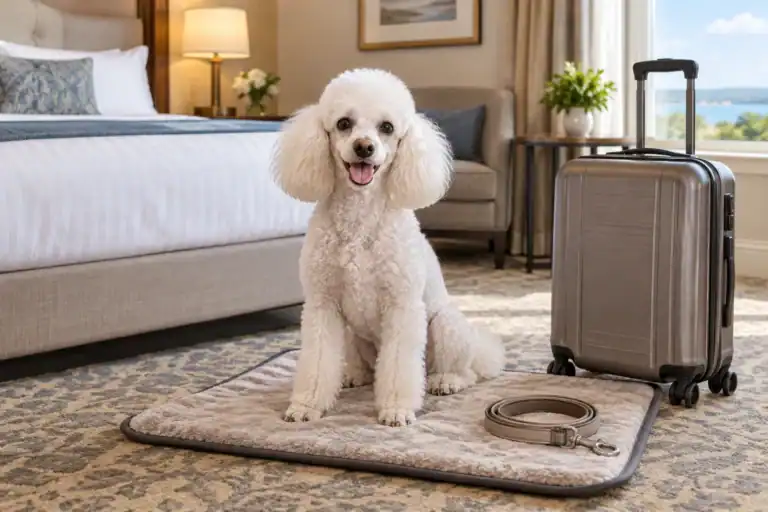 AI illustration of a white poodle beside a suitcase and travel mat in a hotel room.