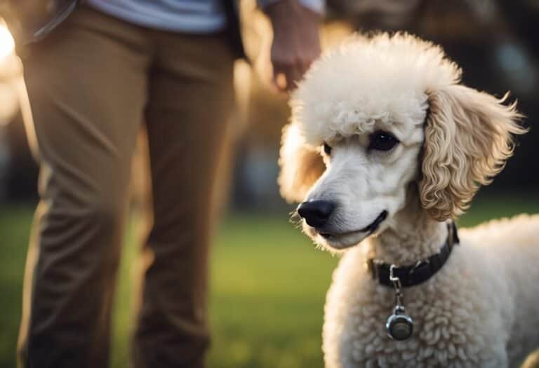 A poodle nuzzles against its owner