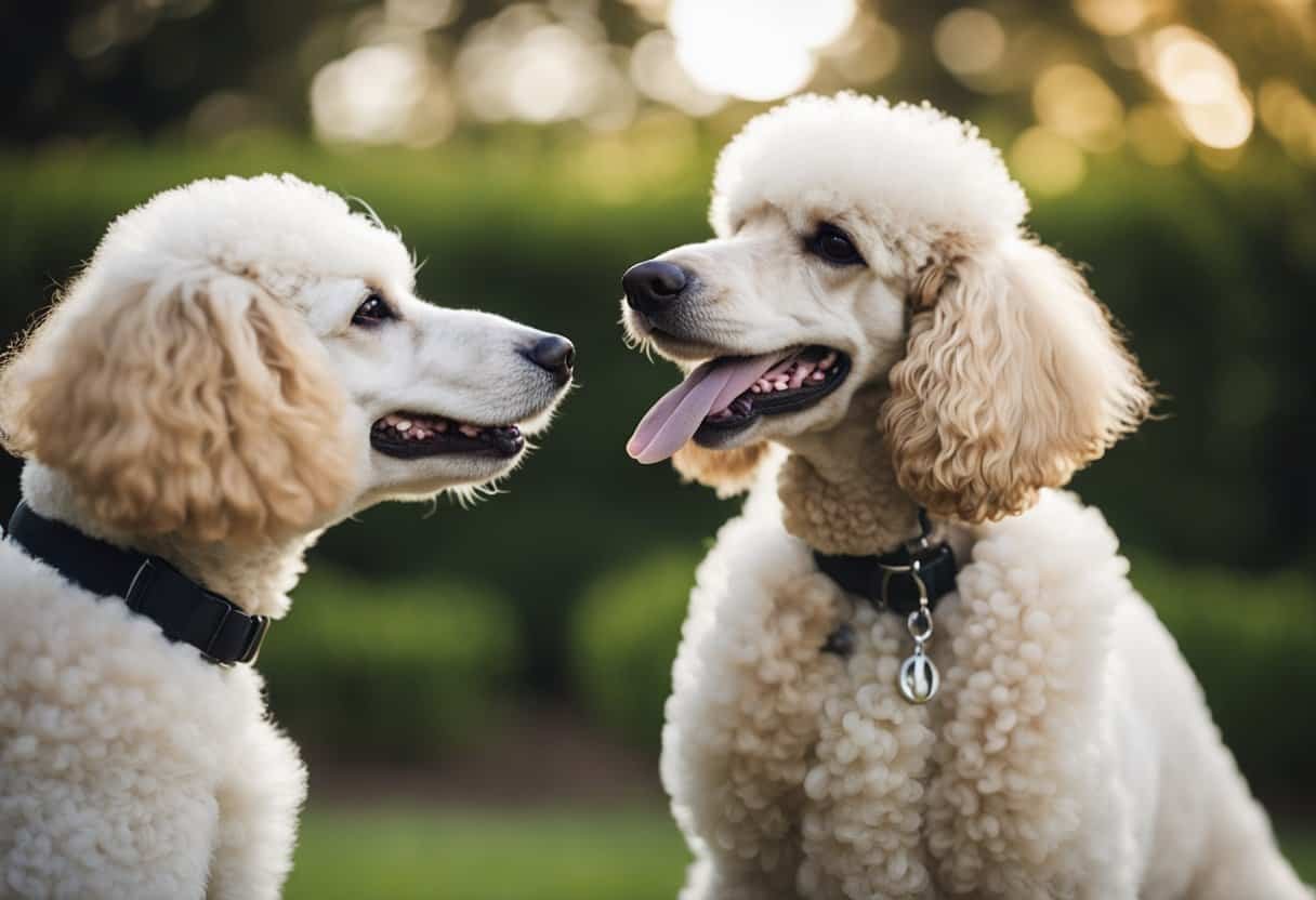 Two poodles nuzzle each other, tails wagging and tongues lolling in a display of affection. One poodle gazes lovingly into the other Two poodles nuzzle each other, tails wagging and tongues lolling in a display of affection. One poodle gazes lovingly into the other's eyes, while the other responds with gentle licks and playful jumps