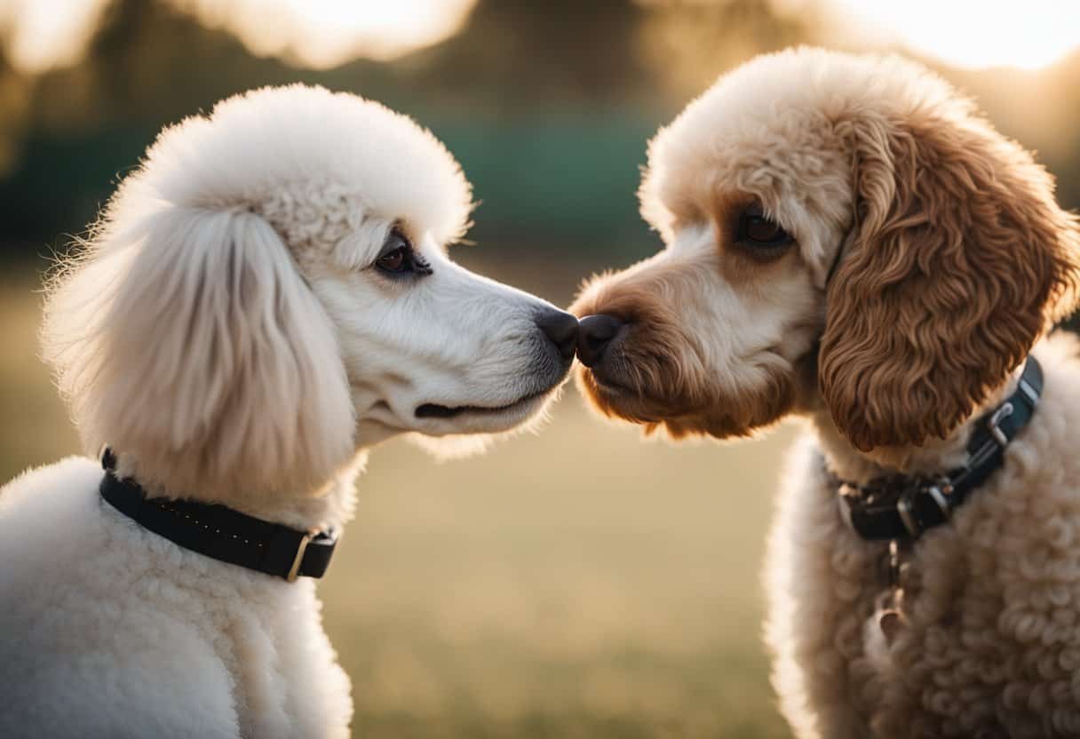 A poodle nuzzles against another dog, pressing their noses together affectionately. Their tails wag and they lean into each other, showing love through physical touch A poodle nuzzles against another dog, pressing their noses together affectionately. Their tails wag and they lean into each other, showing love through physical touch