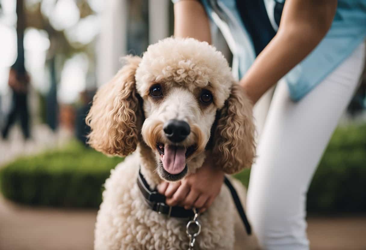A poodle nuzzles against a person A poodle nuzzles against a person's leg, wagging its tail and looking up with adoring eyes. The person smiles, petting the poodle's soft fur