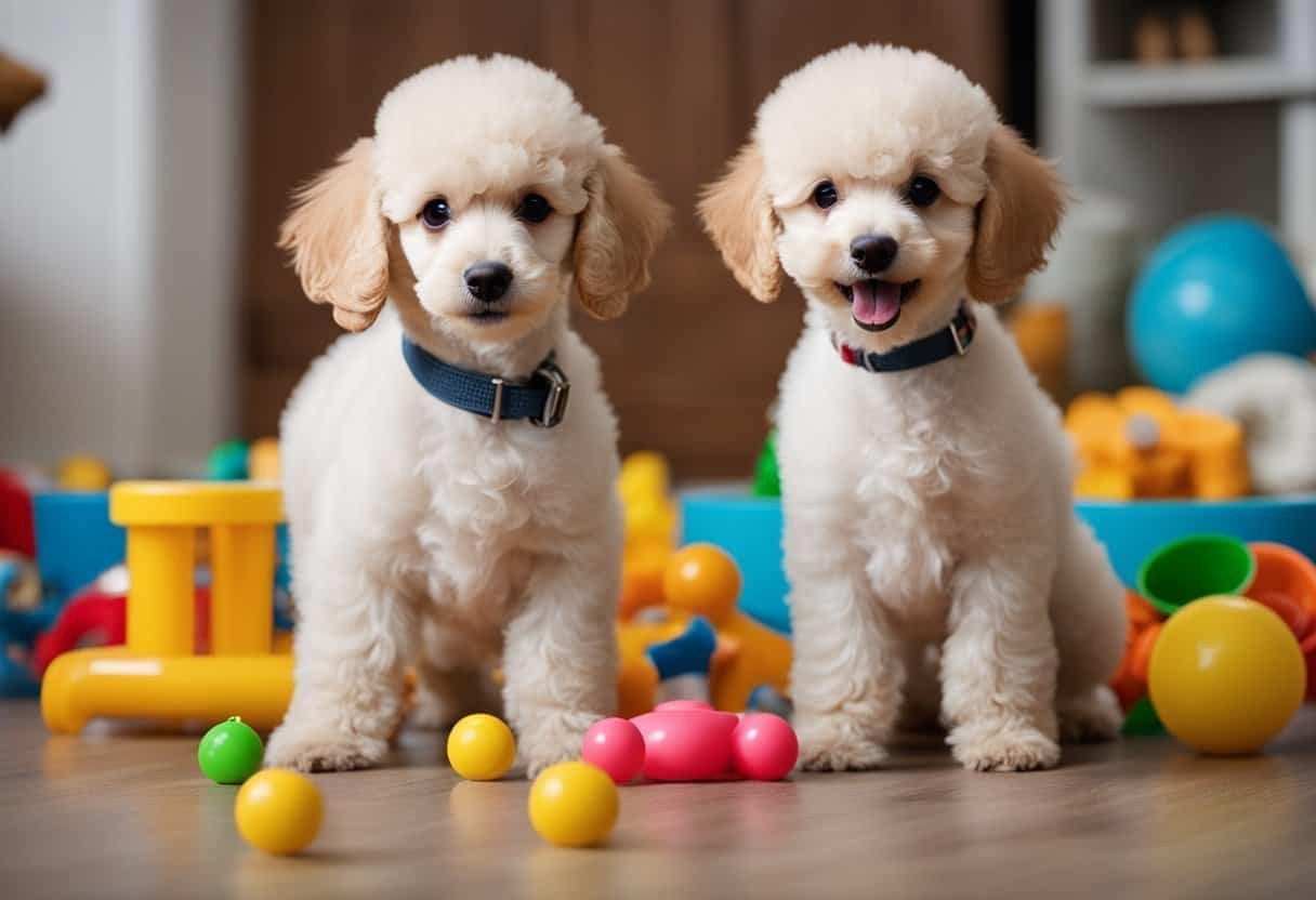 A poodle puppy takes its first steps, surrounded by toys and a bowl of water. A wagging tail and bright eyes show its excitement
