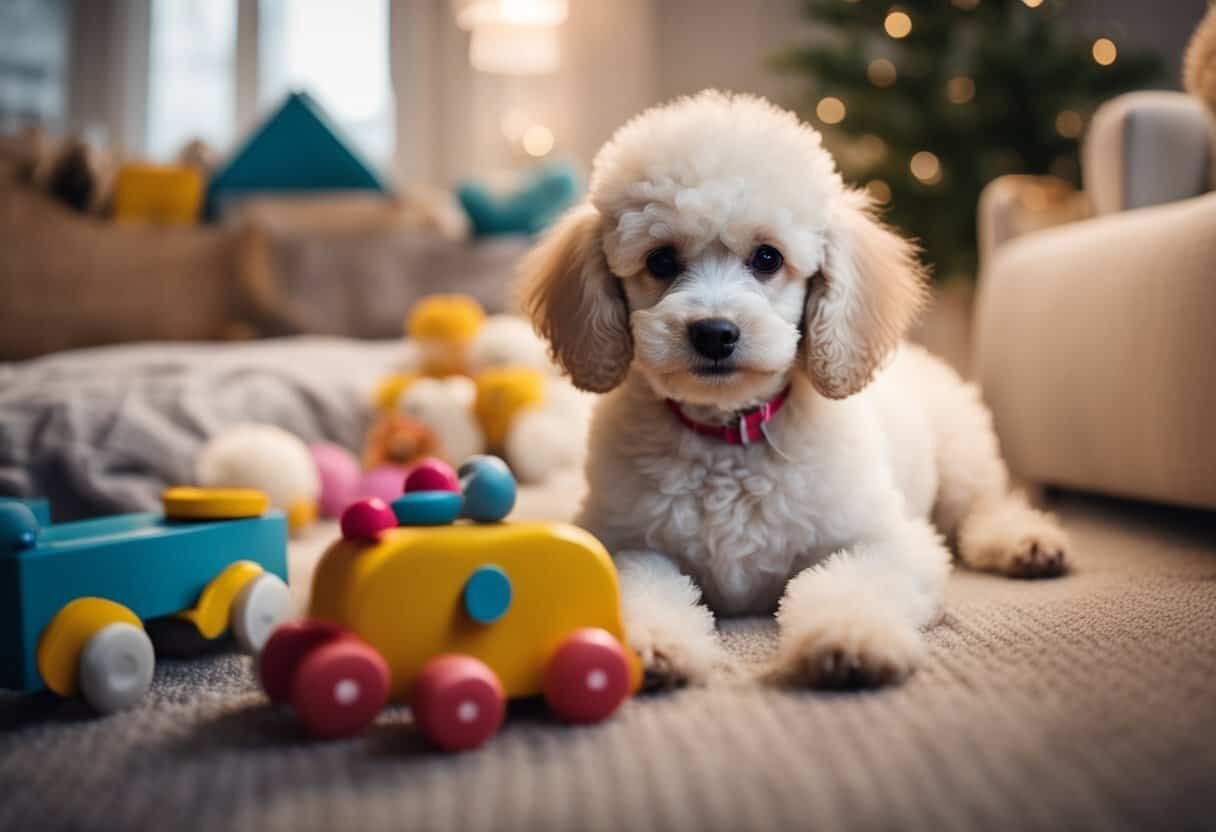 A fluffy poodle puppy takes its first steps in a cozy home setting, surrounded by toys and a soft bed