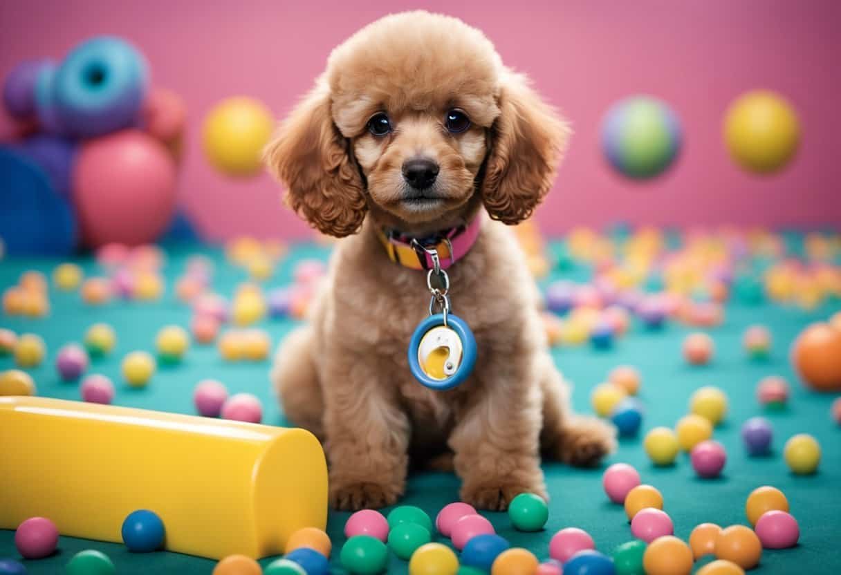 A poodle puppy learns to sit, stay, and fetch in a colorful, spacious training area. Toys and treats are scattered around, and a cheerful trainer offers guidance