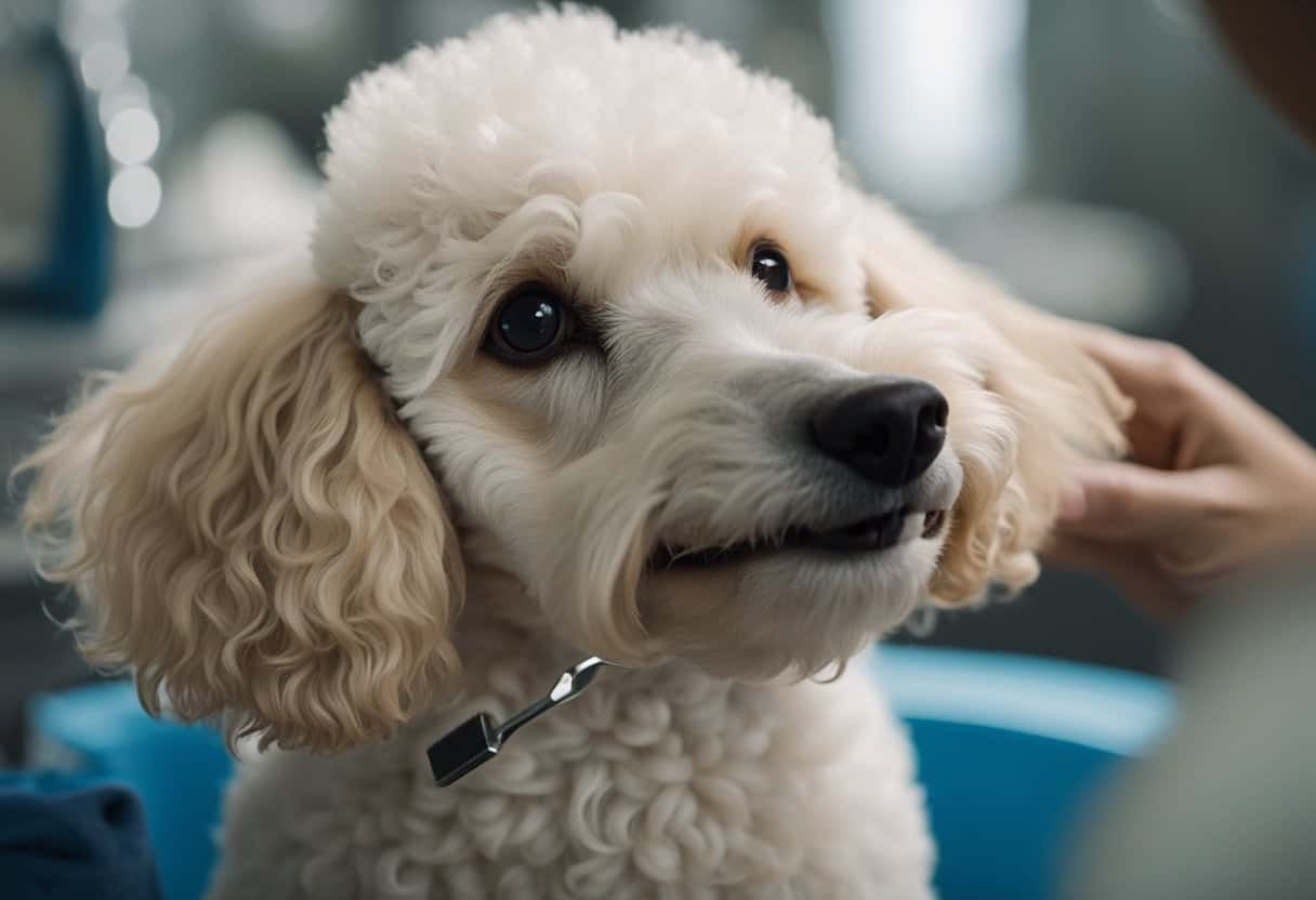 A poodle puppy being groomed with a brush, nail clippers, and toothbrush. A bowl of puppy shampoo and a towel nearby