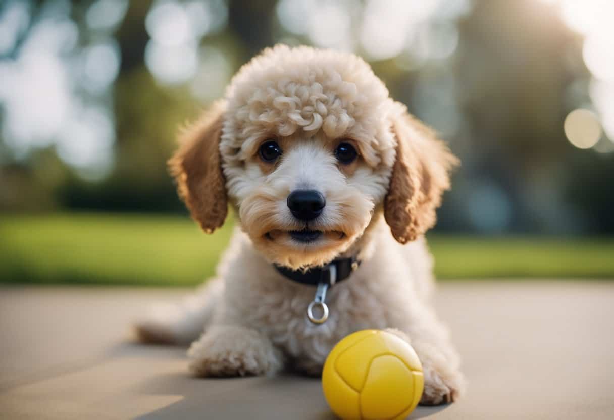 A poodle puppy explores its surroundings, wagging its tail and playfully interacting with toys. It shows curiosity and excitement, exhibiting typical behavior and emotional development for its first year