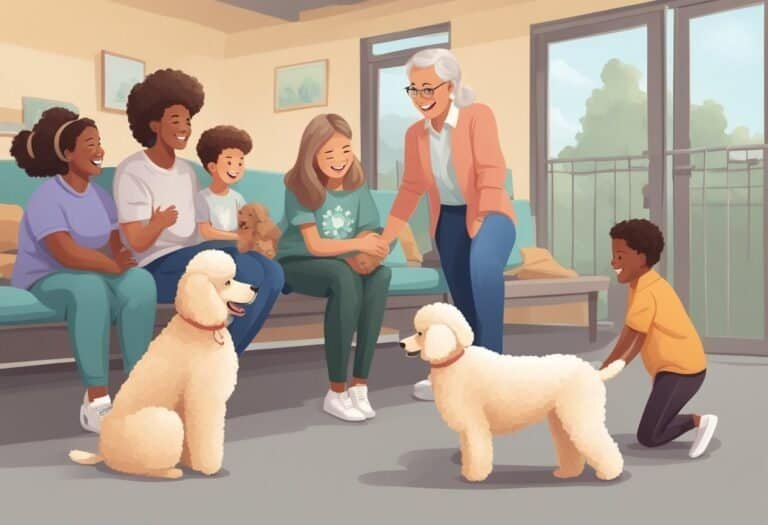 A family meeting a poodle for the first time at a shelter, the poodle wagging its tail, the family smiling and petting the dog