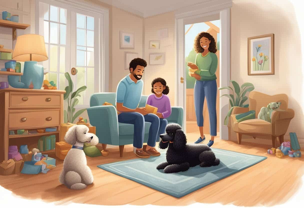A family eagerly welcomes a poodle into their home, providing toys, treats, and a cozy bed