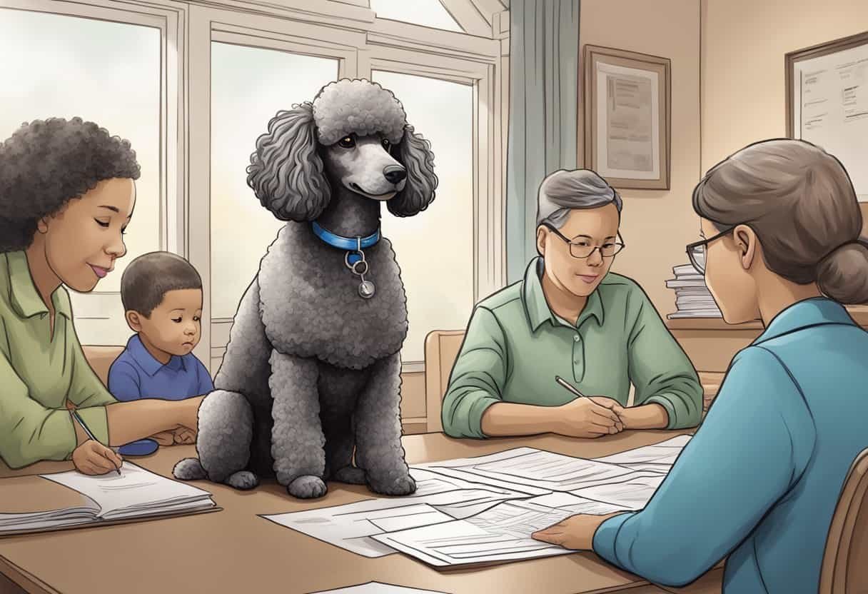 A poodle sits patiently as a family fills out adoption paperwork, eager to find their new forever home