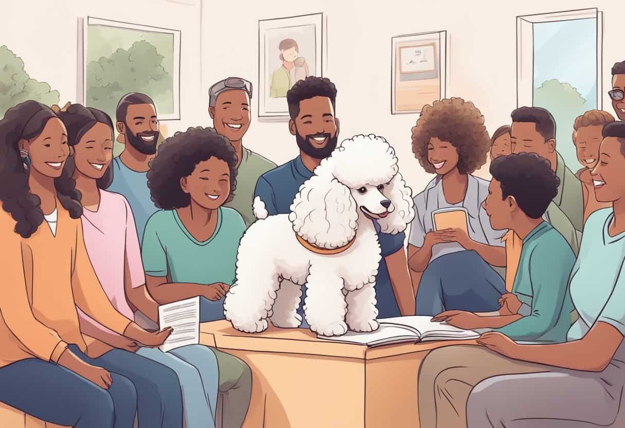 A poodle being adopted by a family, surrounded by a supportive community, with a guidebook on poodle adoption nearby