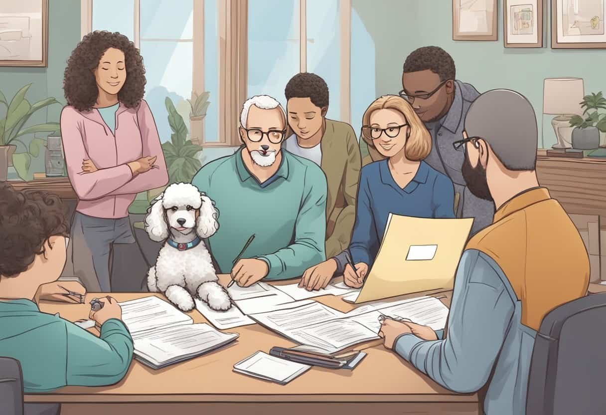 A poodle sits patiently as a family fills out adoption paperwork, surrounded by helpful guides and tips for the process