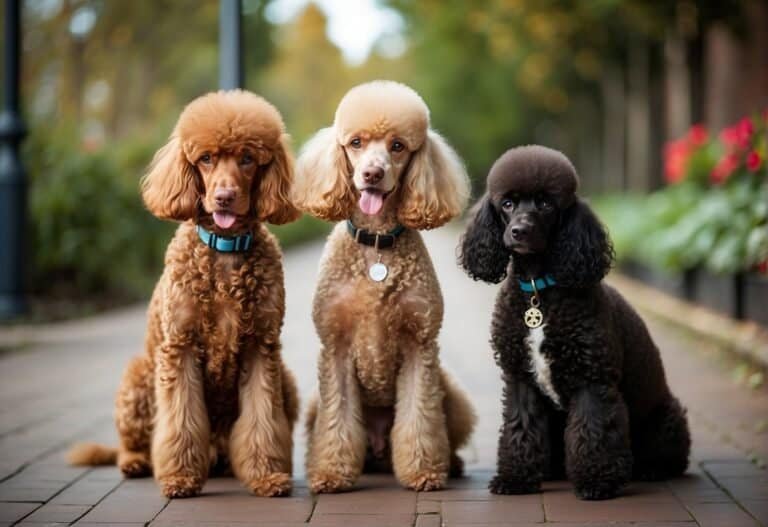 Three poodles of different sizes stand side by side, showcasing the standard, miniature, and toy breeds. Each poodle exhibits the characteristic traits of their breed, from the standard poodle
