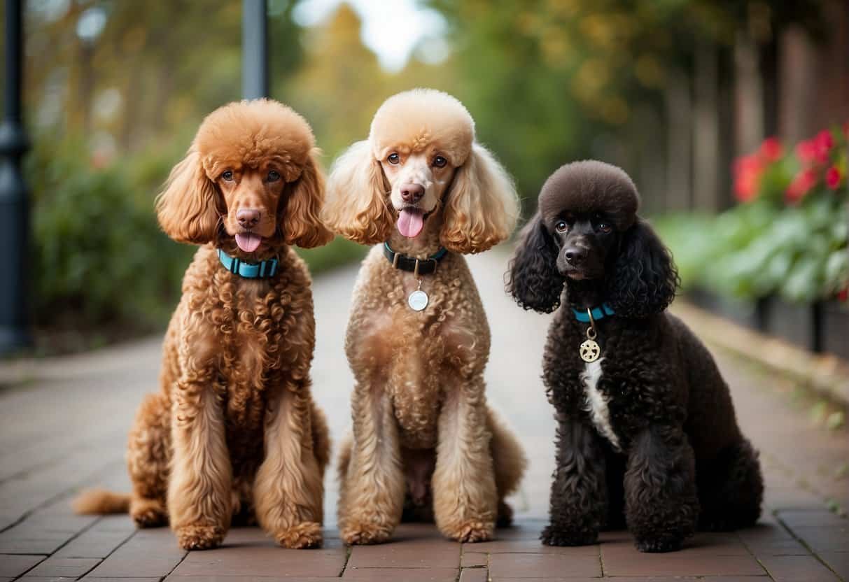 Three poodles of different sizes stand side by side, showcasing the standard, miniature, and toy breeds. Each poodle exhibits the characteristic traits of their breed, from the standard poodle's regal stature to the toy poodle's petite frame