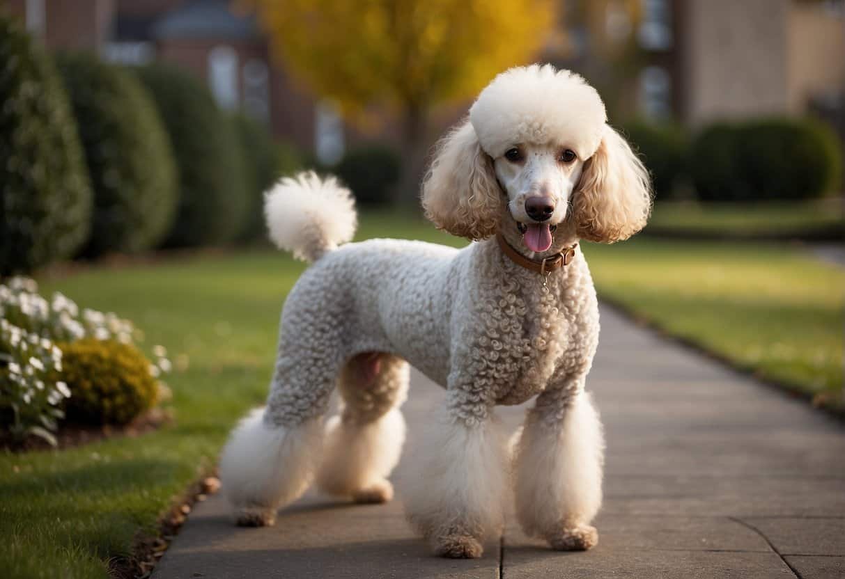 A standard poodle stands tall and elegant, with a curly coat and proud posture. A miniature poodle is smaller, with the same curly coat and a playful demeanor. The toy poodle is the smallest of the three, with a compact body and