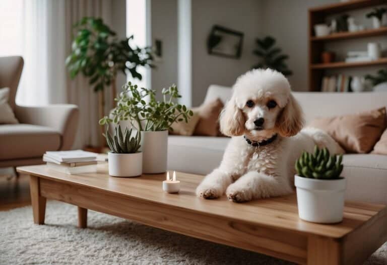 A cozy living room with poodle toys, a soft bed, and non-toxic plants. Gated areas and secure cabinets for poodle-proofing