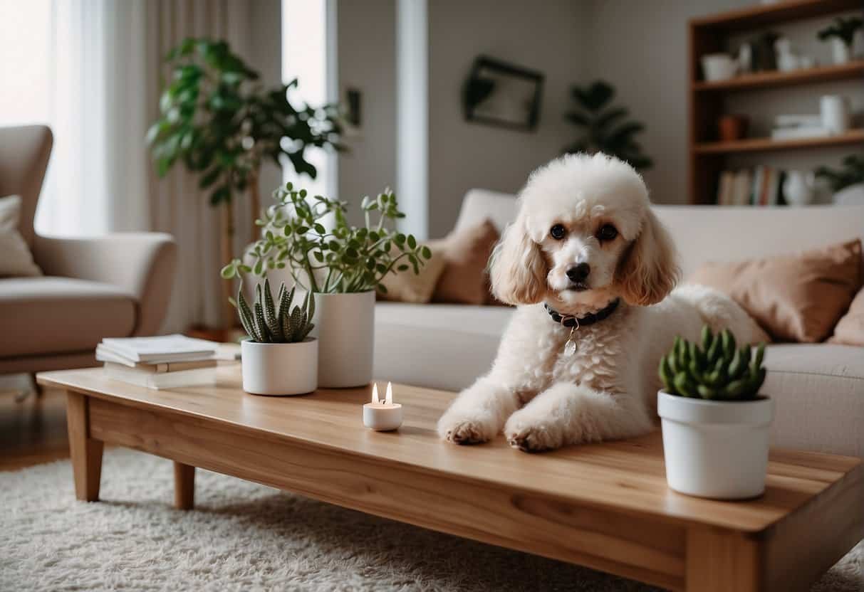 A cozy living room with poodle toys, a soft bed, and non-toxic plants. Gated areas and secure cabinets for poodle-proofing