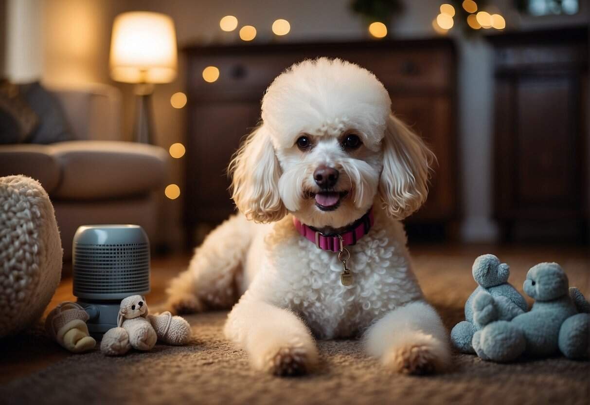 A cozy home with poodle essentials: toys, grooming supplies, and a secure fenced yard. Safe, welcoming environment for a new poodle companion