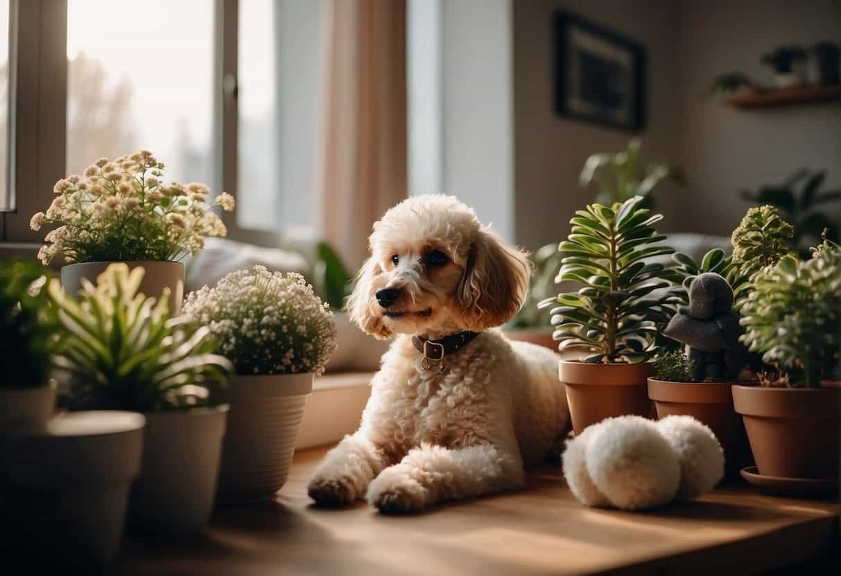 A cozy home with poodle-friendly features: secure fences, soft toys, and non-toxic plants