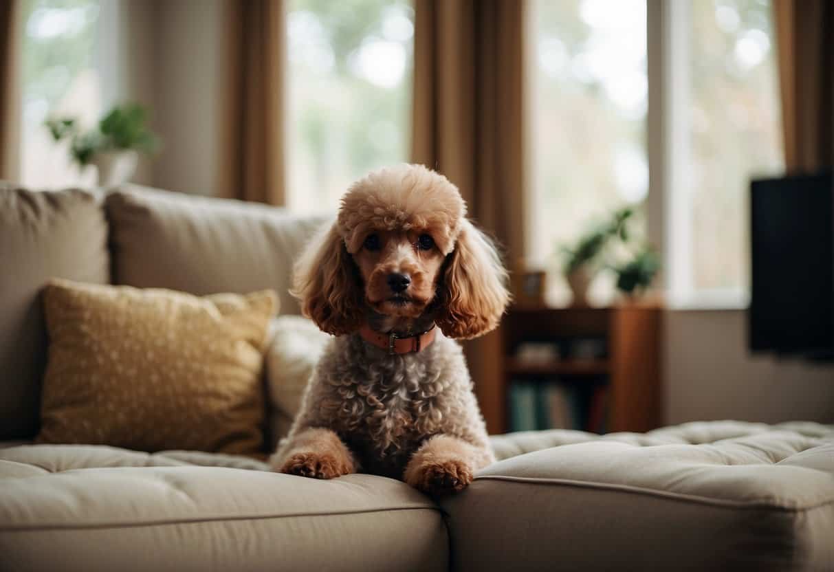 A cozy living room with poodle-friendly furniture, toys, and a secure fence in the backyard
