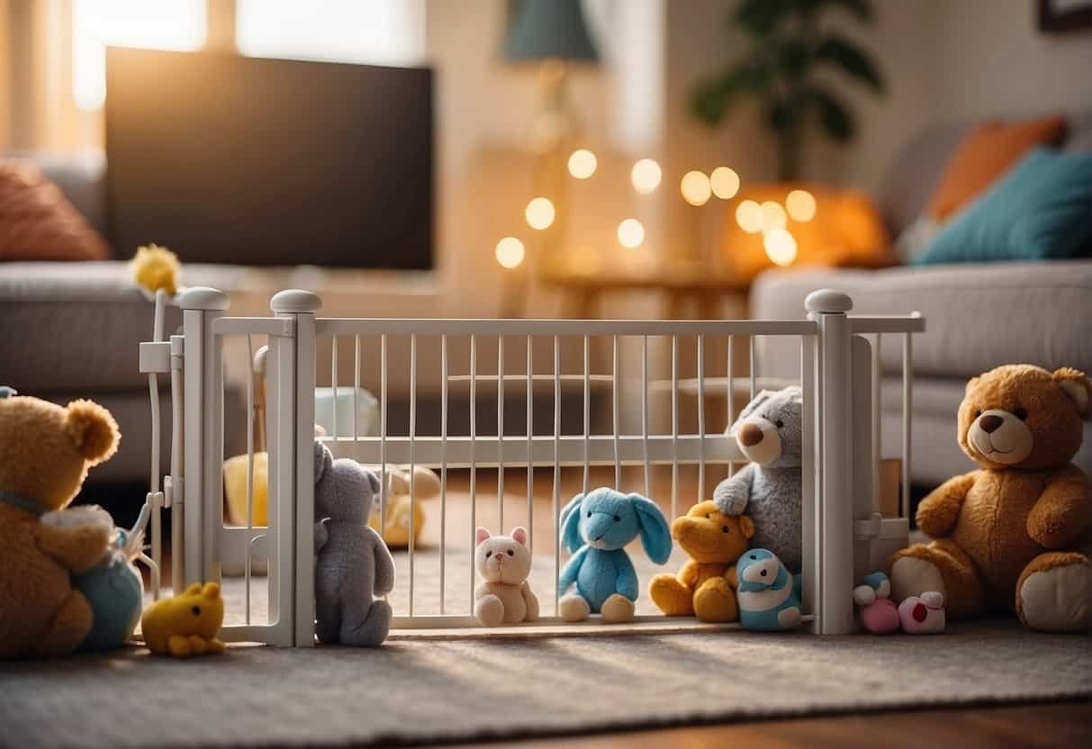 A cozy, clutter-free living room with soft, non-toxic toys and a secure gate blocking off any hazardous areas