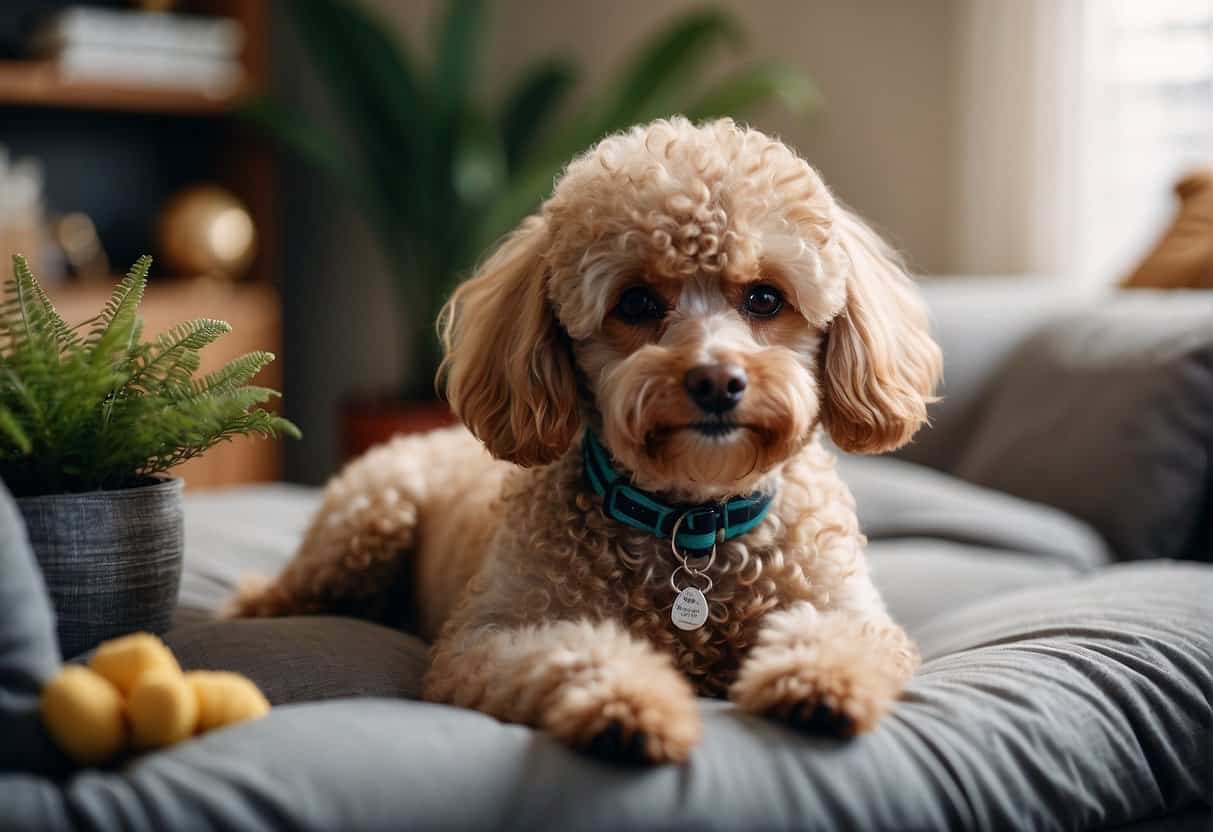 A cozy living room with poodle toys, grooming supplies, and a secure gate. A soft bed and food bowls are set up, with poodle-friendly plants and no hazardous items in sight