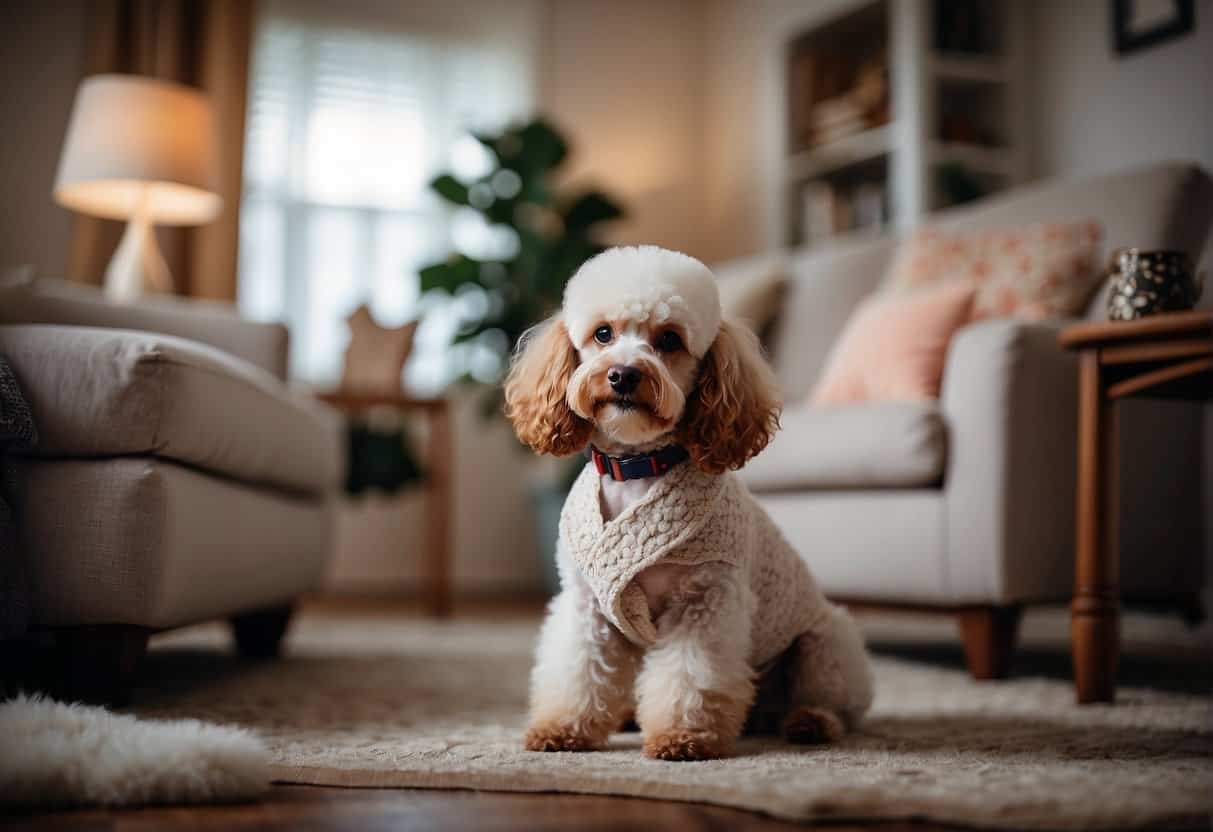 A cozy living room with poodle toys and accessories scattered around. Gated areas and cushioned surfaces for the poodle to explore and play safely