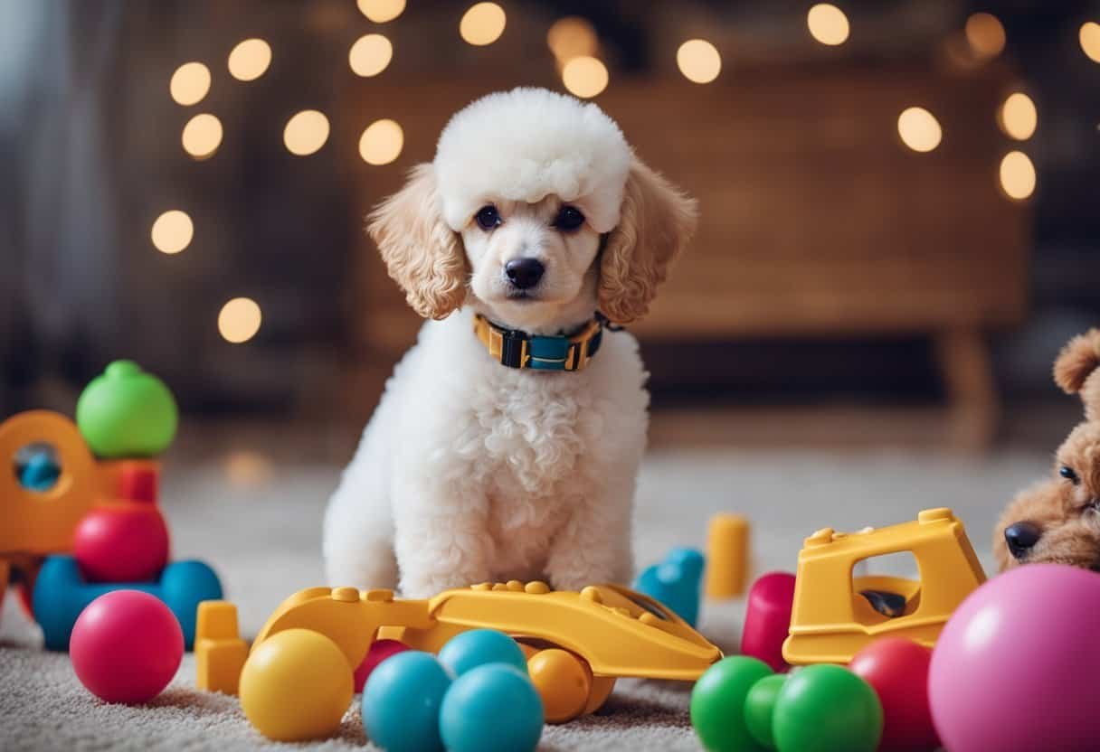 A poodle puppy sits with a playful expression, surrounded by toys and engaging in exploratory behavior