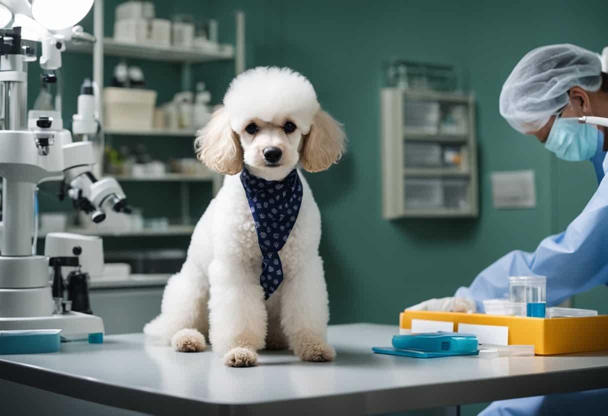 A poodle puppy sits on a veterinary examination table, surrounded by medical equipment and charts. The veterinarian observes the puppy's growth and development, noting its size, coat, and behavior