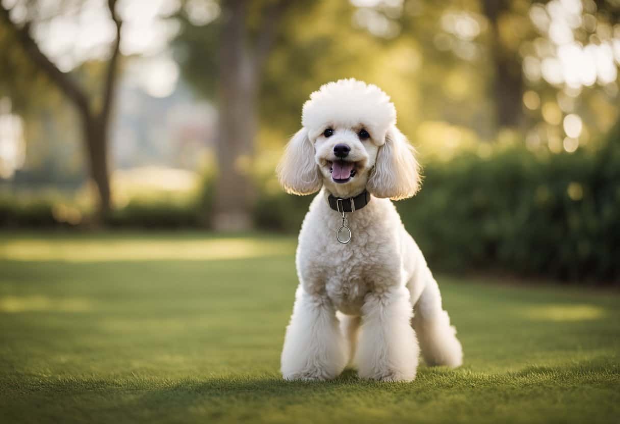 A poodle puppy confidently explores its surroundings, displaying curiosity and intelligence. Its body language exudes playfulness and friendliness, with a wagging tail and alert ears