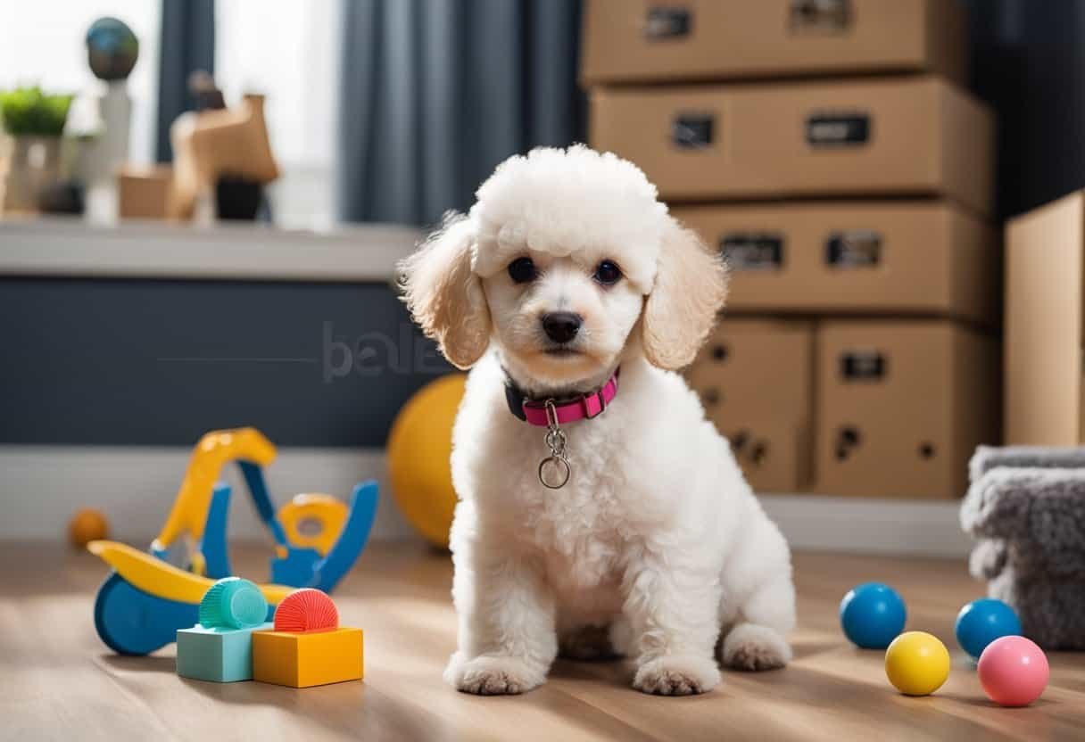 A poodle puppy plays with a toy, surrounded by grooming supplies and a growth chart on the wall