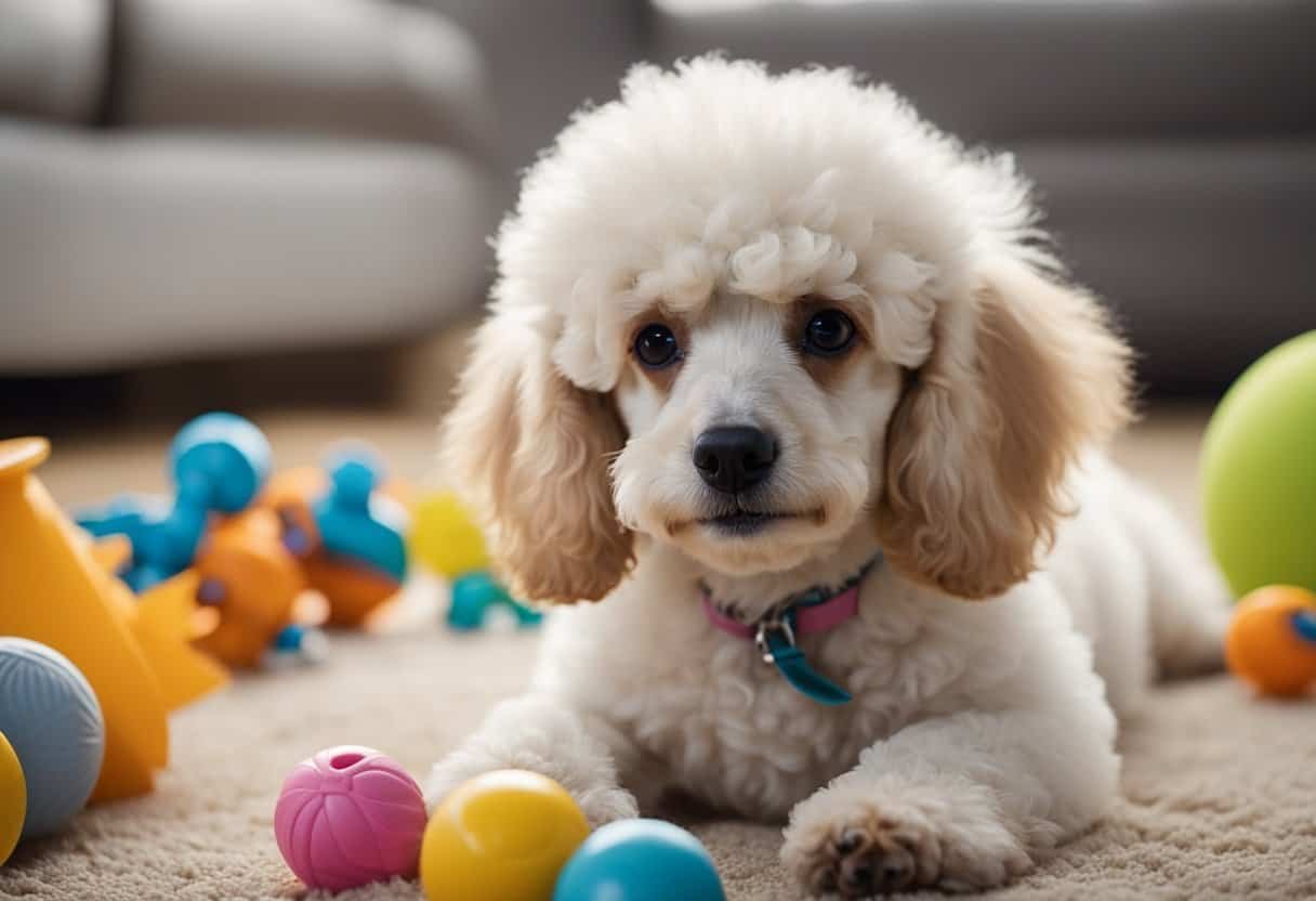 A poodle puppy explores a variety of toys and objects, displaying curiosity and playfulness. It interacts with its environment, showing signs of growth and development