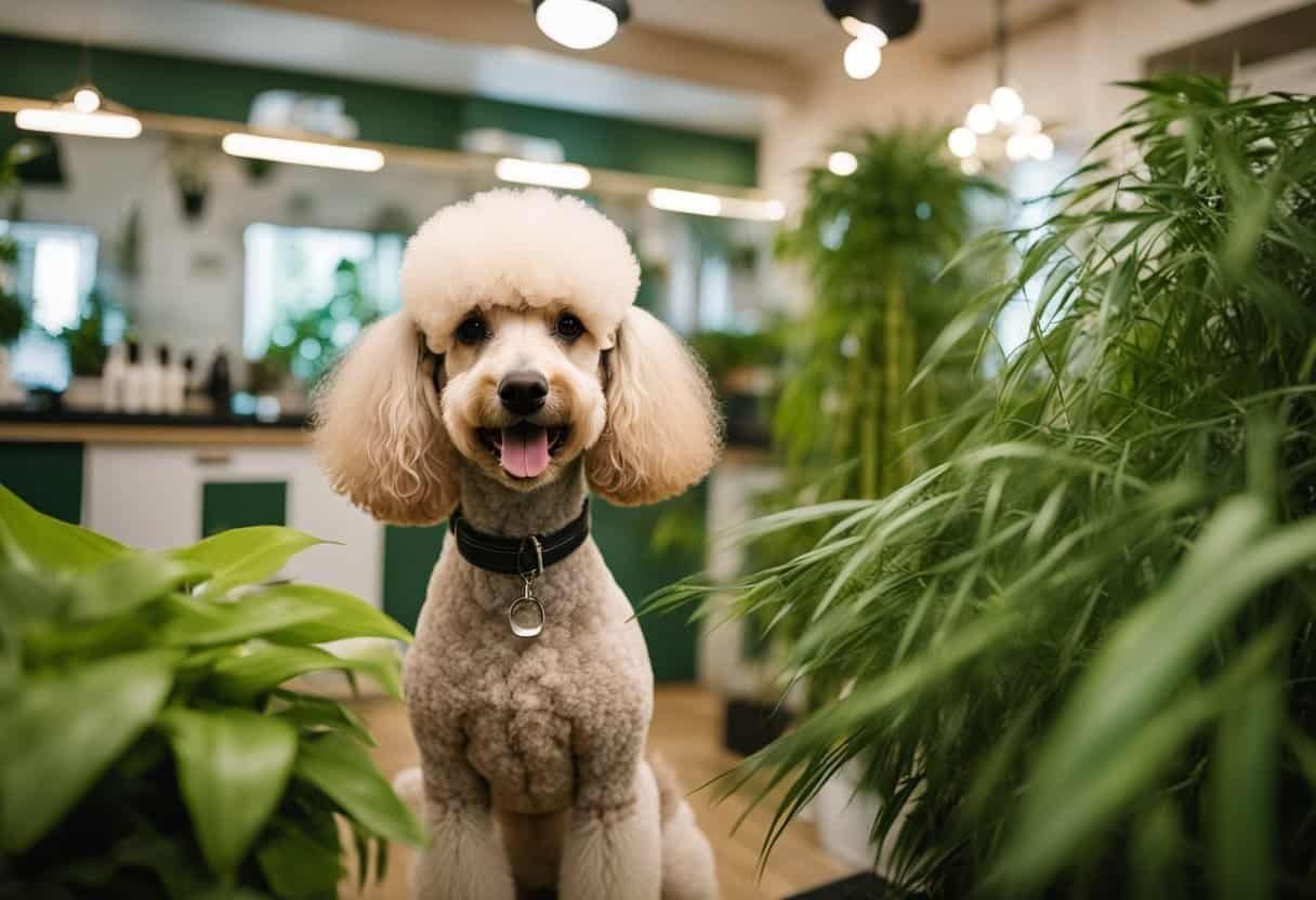 A poodle stands in a natural, eco-friendly grooming salon, surrounded by lush green plants and bamboo grooming tools. The groomer uses sustainable, biodegradable products, and the poodle looks happy and relaxed