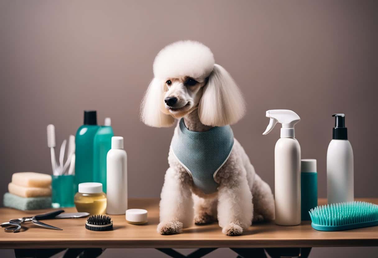 A poodle stands on a table, surrounded by eco-friendly grooming tools. A brush, scissors, and natural shampoos are neatly arranged nearby