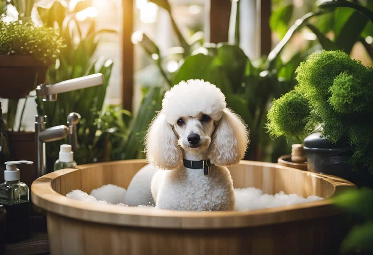A poodle is being bathed in a wooden tub surrounded by eco-friendly grooming products and lush green plants