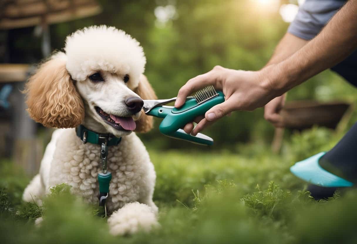 A poodle being groomed with eco-friendly tools in a natural, outdoor setting. The groomer uses sustainable techniques and products