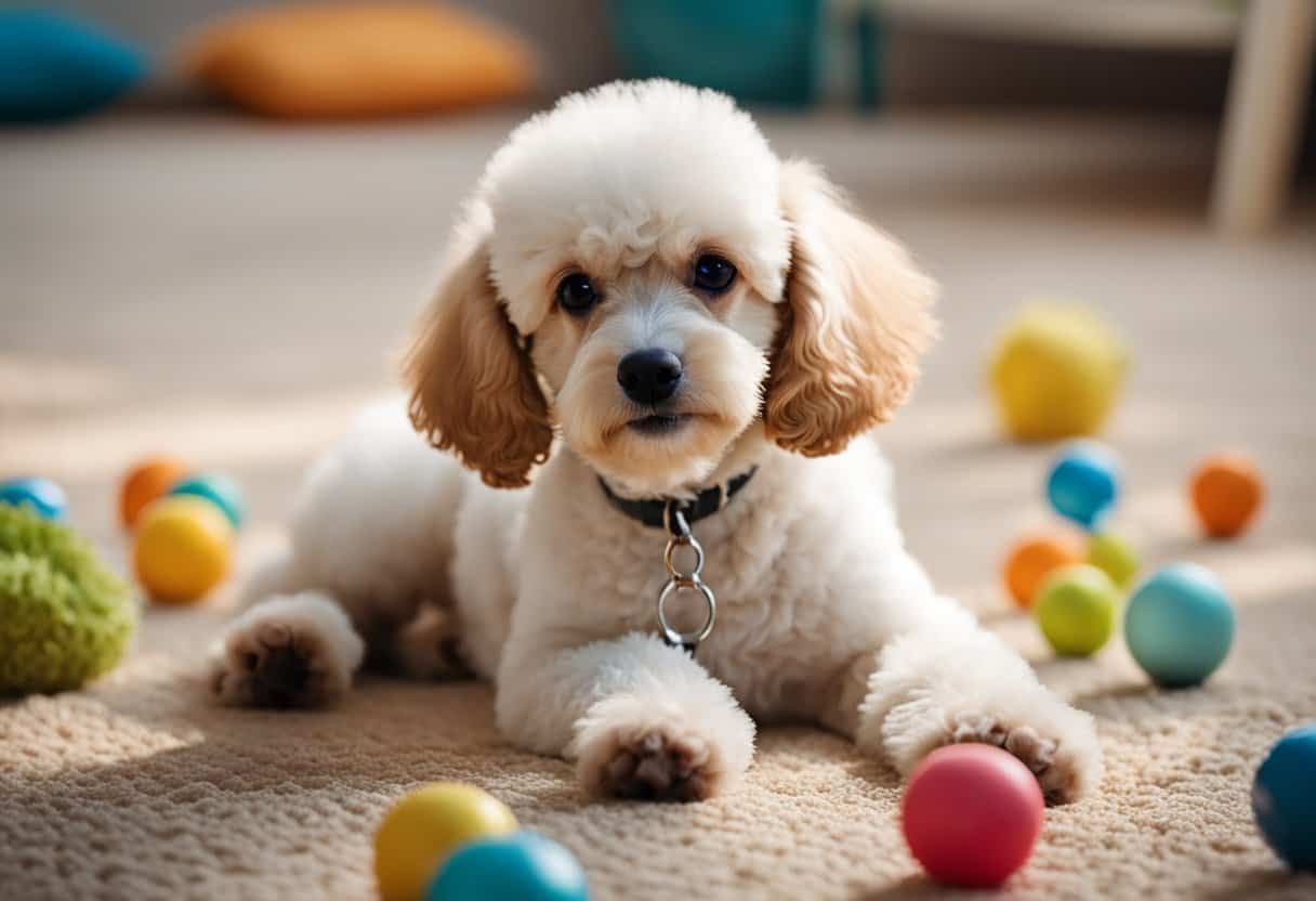 A poodle puppy, 2 years old, playing with toys and learning commands in a bright, spacious living room