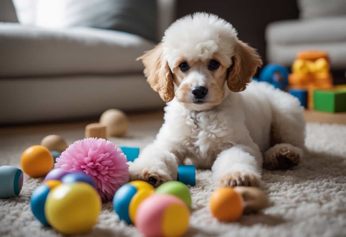 A poodle puppy confidently sits next to a pile of toys, while a trainer uses positive reinforcement to teach commands