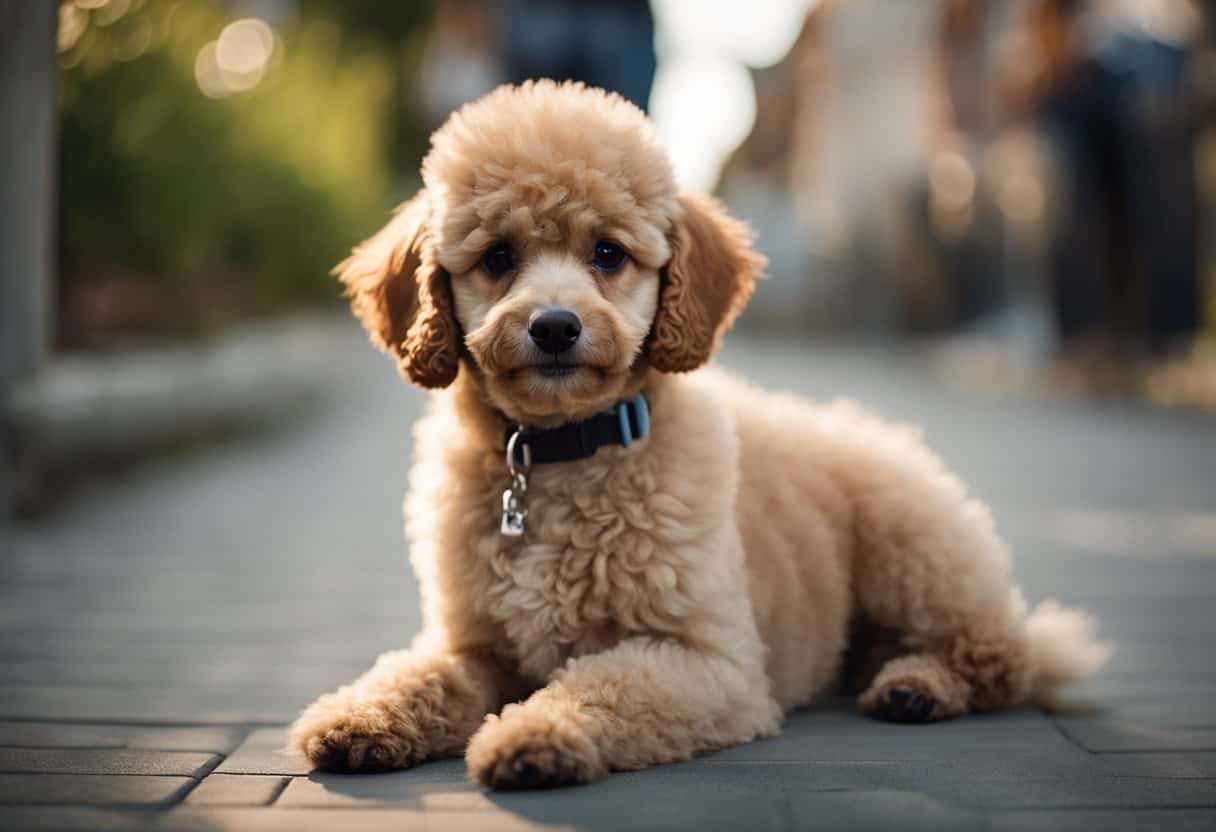 A poodle puppy sits attentively, gazing up at its owner with a wagging tail. The owner is gently petting the puppy's soft fur, forming a strong bond