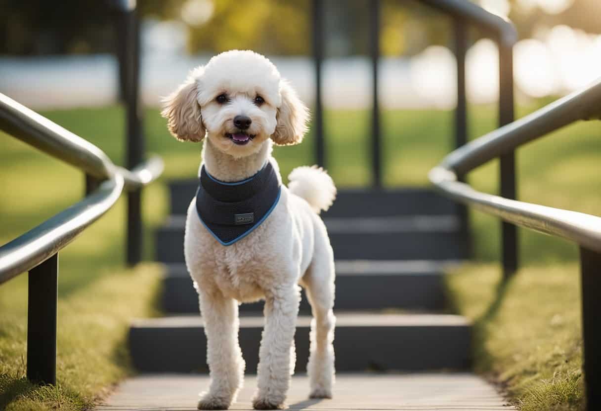 A poodle puppy at 2 years old, learning to navigate stairs, practicing leash walking, and engaging in socialization with other dogs at a dog park