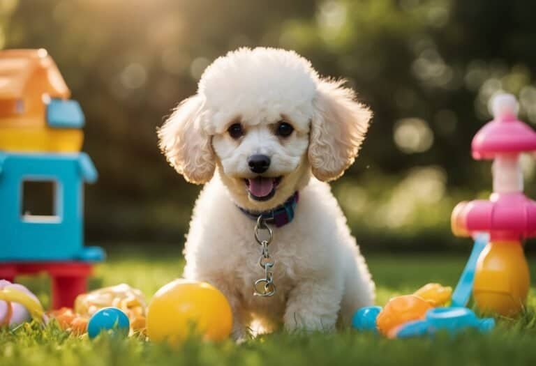 A poodle puppy, aged 3-5, plays with a chew toy in a sunny backyard, surrounded by colorful toys and a water bowl