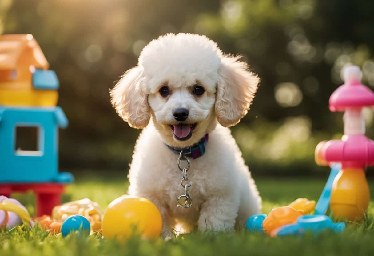 A poodle puppy, aged 3-5, plays with a chew toy in a sunny backyard, surrounded by colorful toys and a water bowl