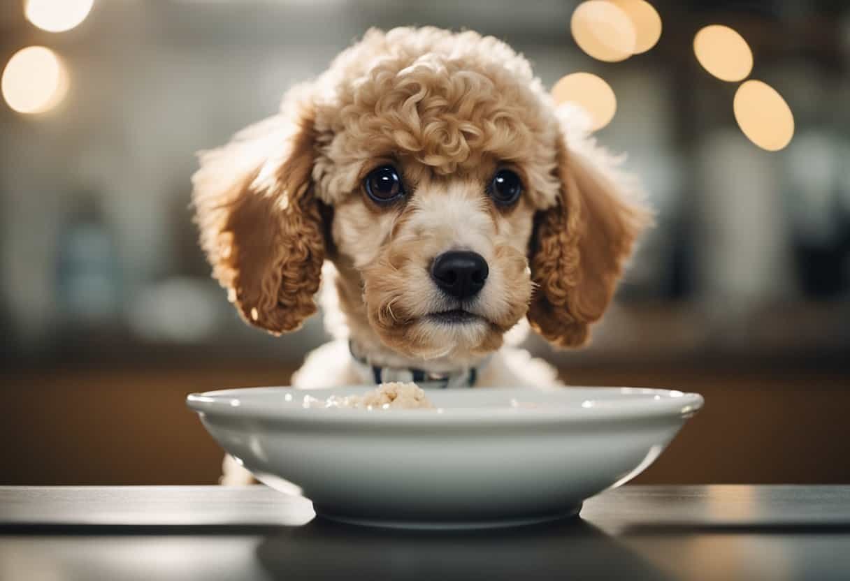 A playful poodle puppy, aged 3-5, eagerly eats from a bowl of balanced nutrition. Bright eyes and a shiny coat reflect good health and growth