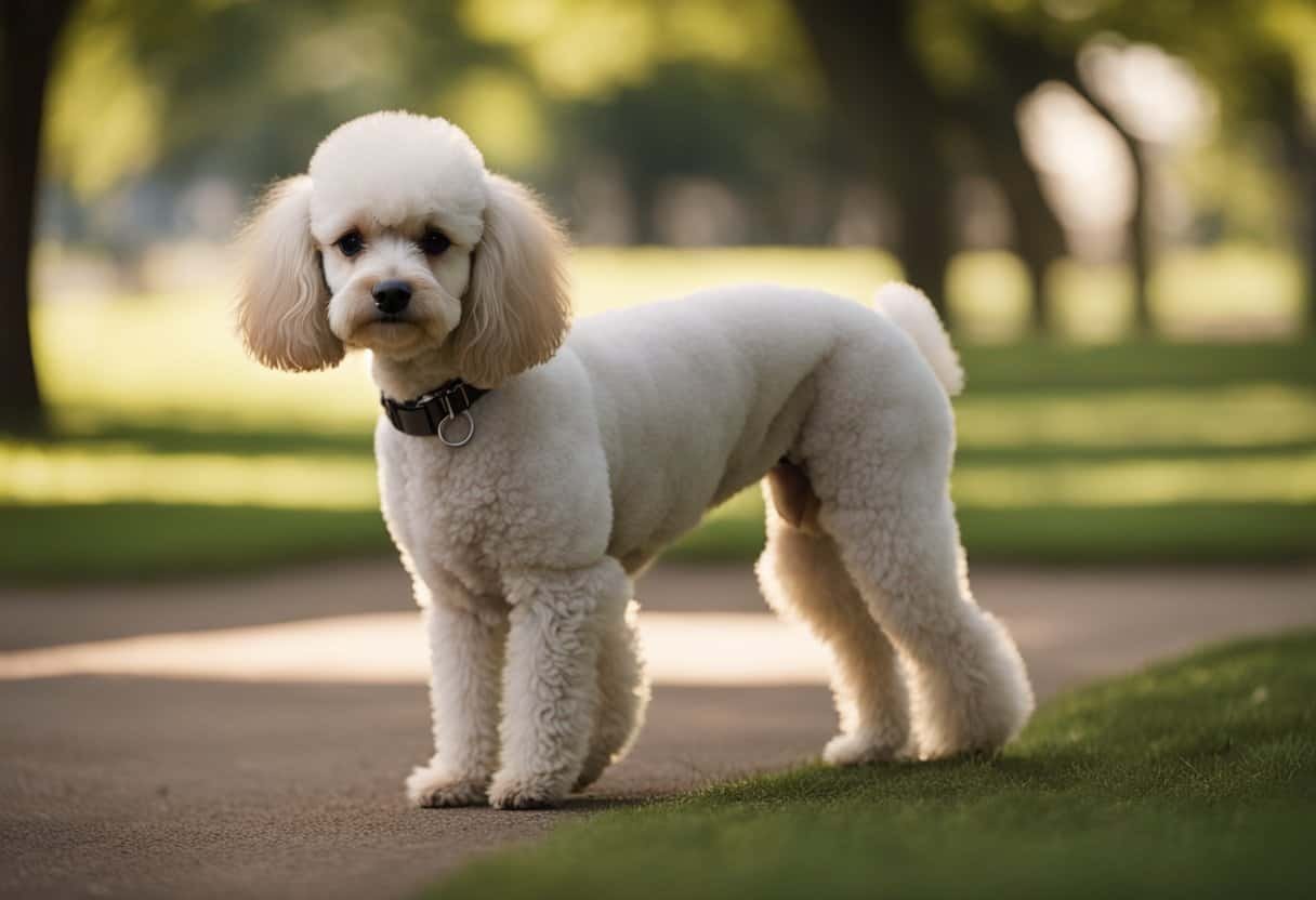 A poodle puppy engages in obedience training, socializes with other dogs, and practices leash walking in a park setting