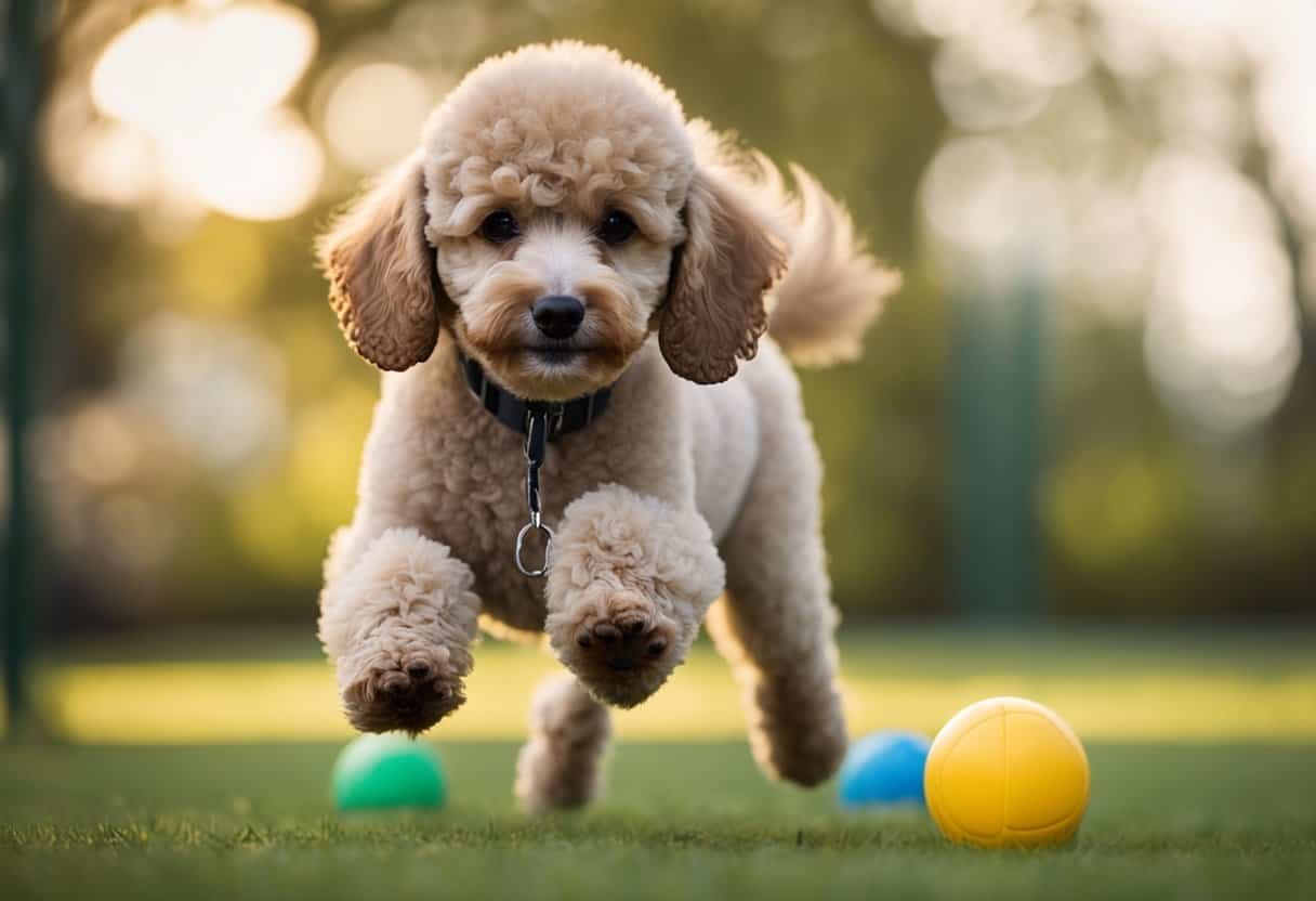 A poodle puppy, aged 3-5, follows a structured exercise routine. It plays with toys, goes for walks, and engages in agility training