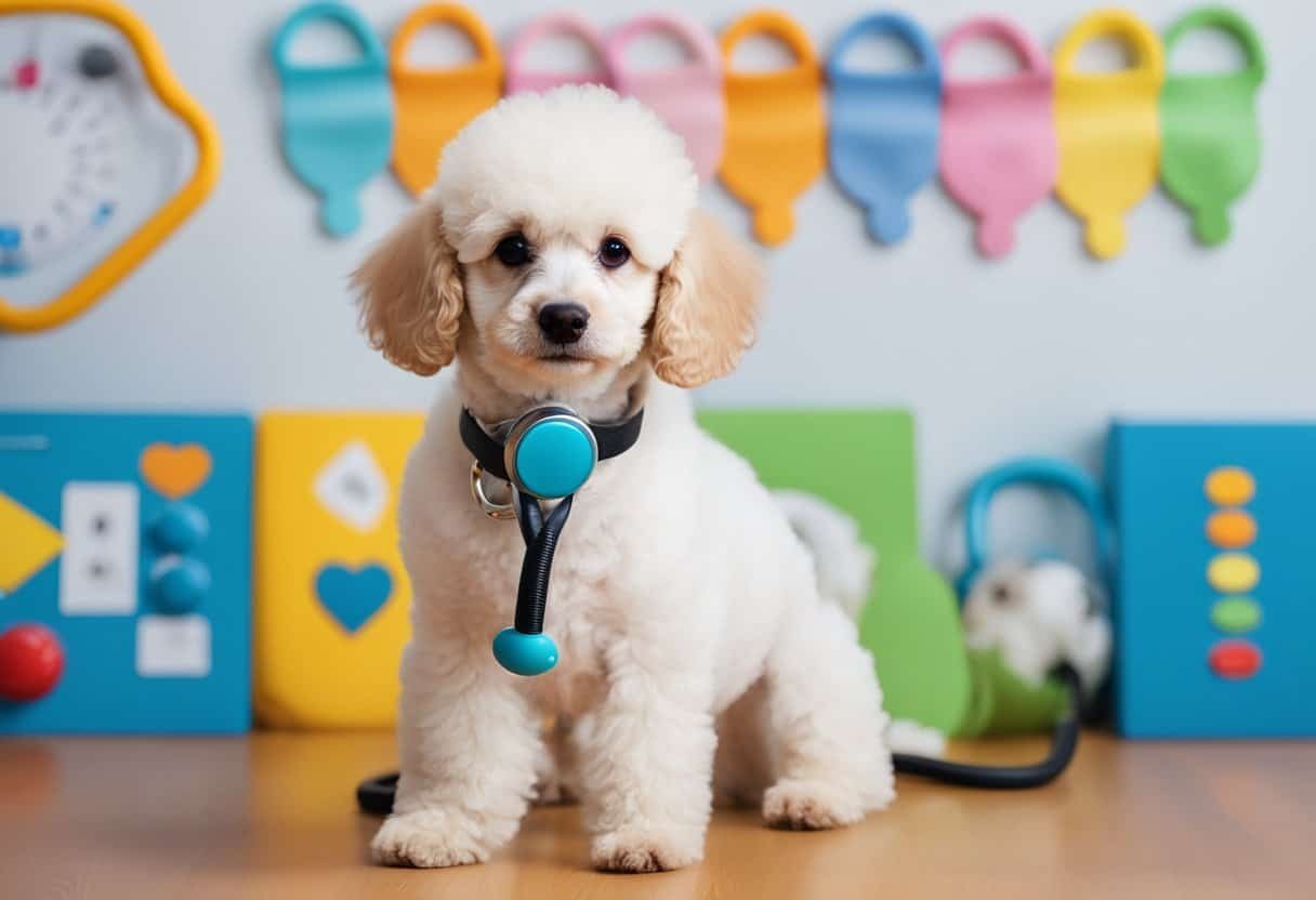 A poodle puppy playing with a toy stethoscope and a small face mask, surrounded by colorful milestone charts and preventive care tips