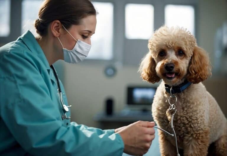 A poodle is receiving veterinary care for common health issues, with a vet providing health tips to prevent diseases