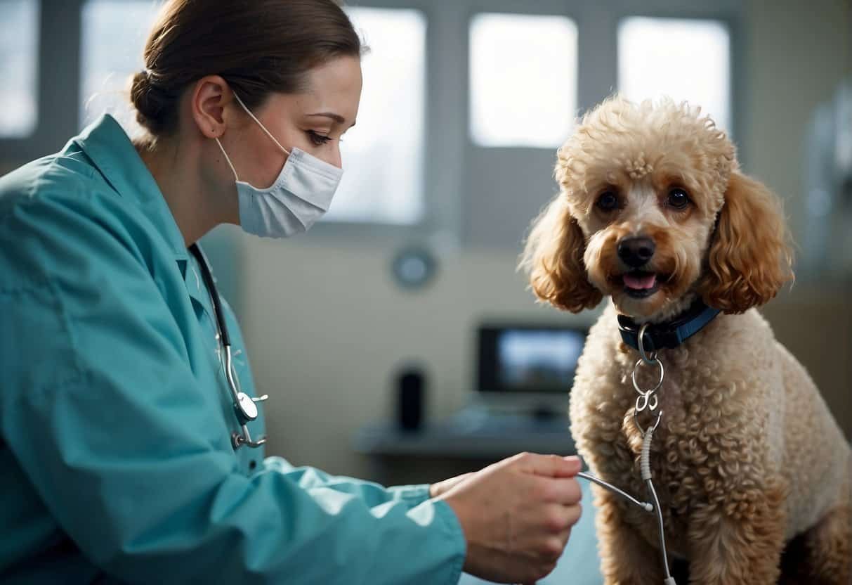 A poodle is receiving veterinary care for common health issues, with a vet providing health tips to prevent diseases