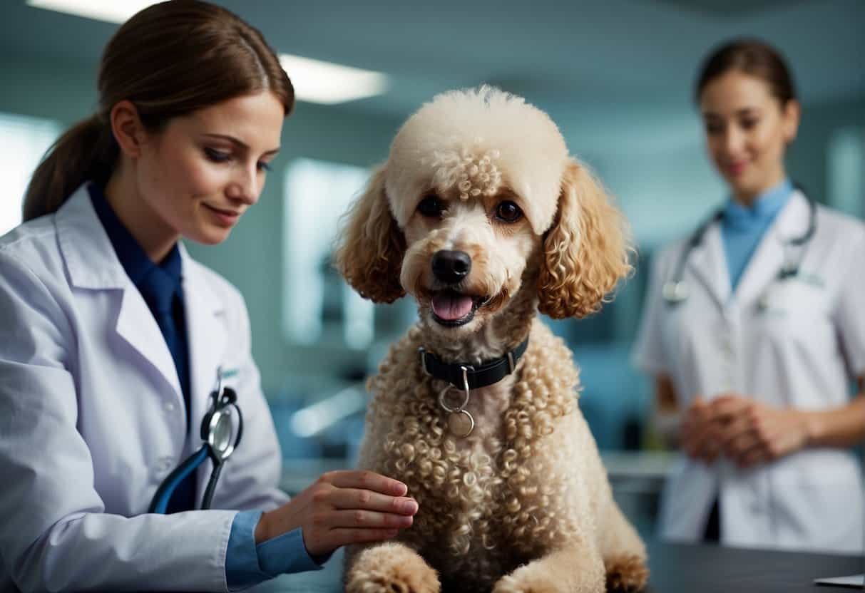 A poodle is receiving veterinary care for common health issues, with a vet providing health tips and discussing potential diseases A poodle is receiving veterinary care for common health issues, with a vet providing health tips and discussing potential diseases