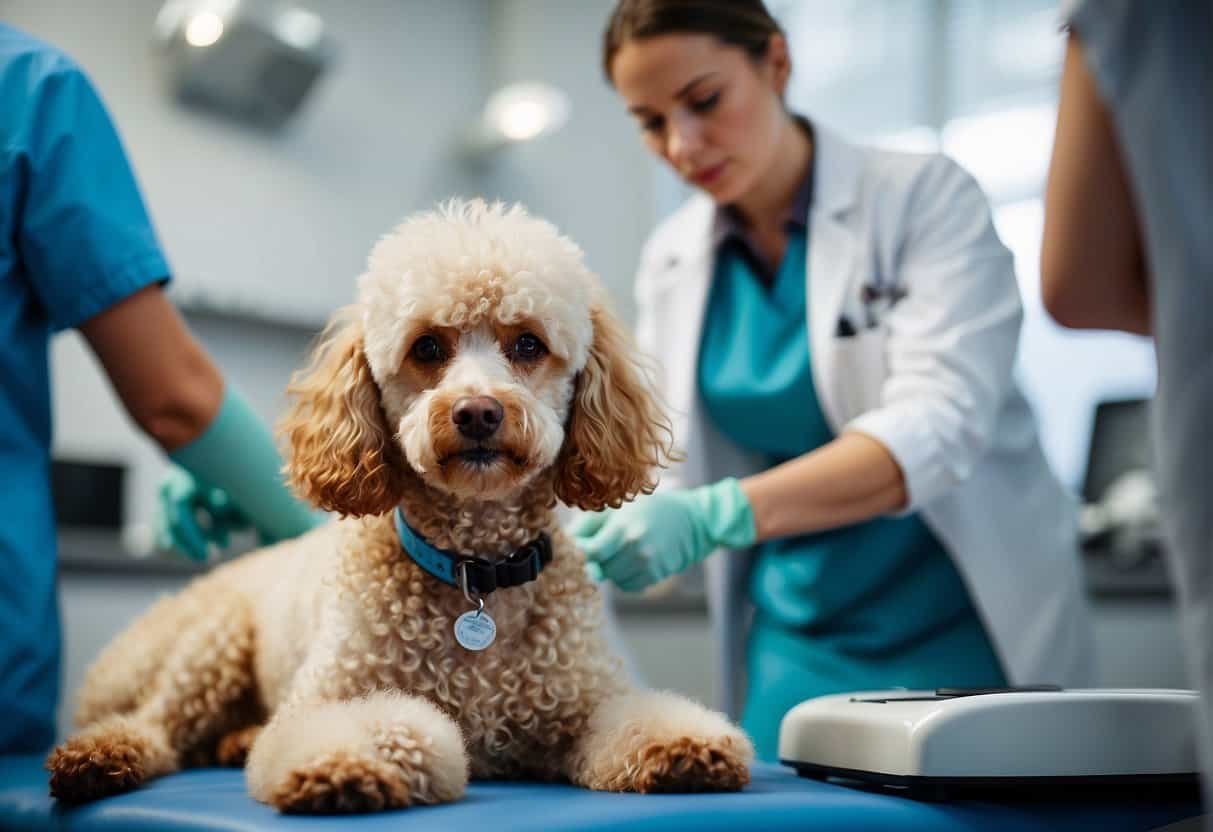 A poodle receiving veterinary care for common illnesses, with a veterinarian providing health tips and management A poodle receiving veterinary care for common illnesses, with a veterinarian providing health tips and management
